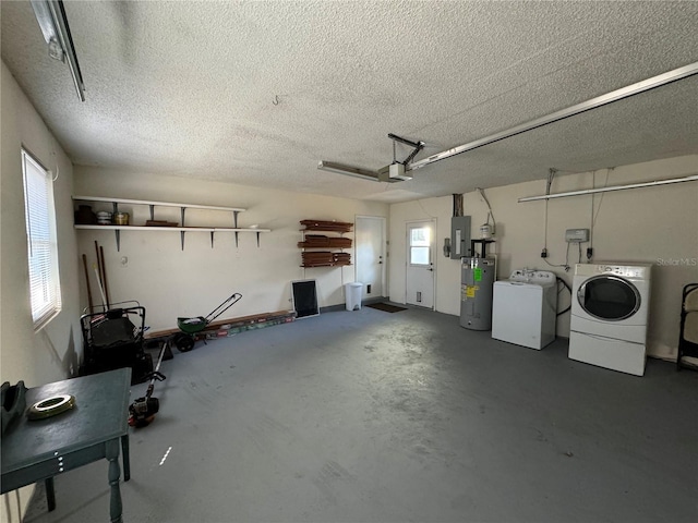 garage with electric panel, water heater, separate washer and dryer, and a garage door opener