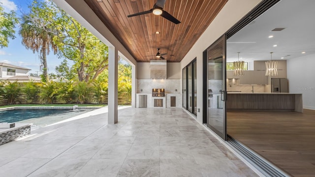 view of patio / terrace with ceiling fan and a fenced in pool