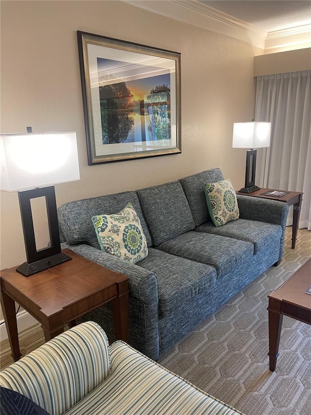 living room with ornamental molding