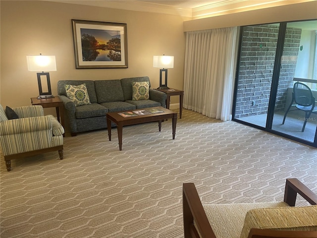 living room featuring crown molding and carpet flooring