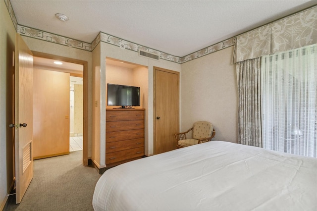 bedroom with carpet floors, a textured ceiling, and a closet