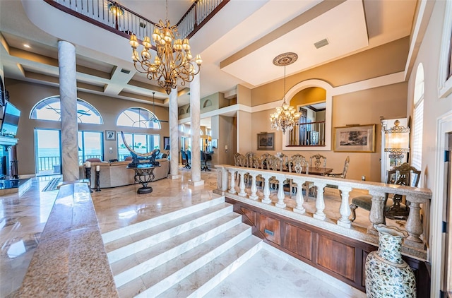 interior space featuring a high ceiling, coffered ceiling, and tile flooring