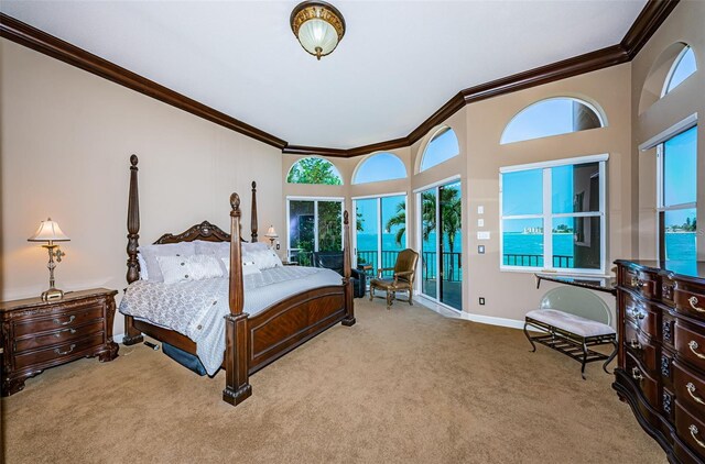 carpeted bedroom featuring crown molding