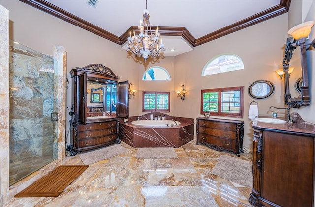 bathroom with double sink vanity, crown molding, tile floors, and plus walk in shower