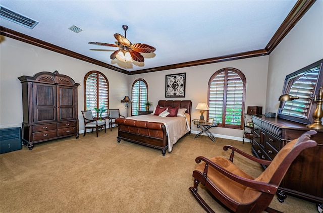 bedroom featuring light carpet, crown molding, and ceiling fan