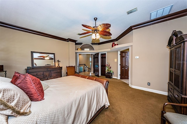 bedroom featuring dark carpet, ornamental molding, and ceiling fan