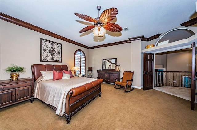 bedroom with ceiling fan, carpet flooring, and ornamental molding