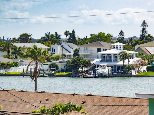 view of water feature with a dock