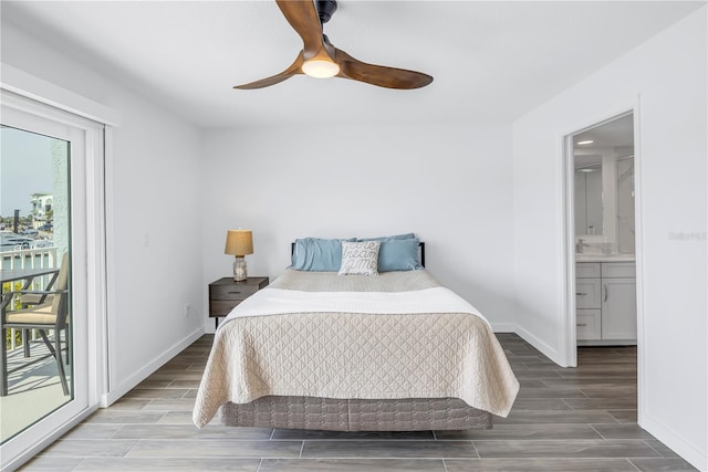 bedroom featuring connected bathroom, ceiling fan, access to exterior, and multiple windows