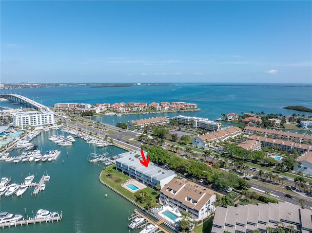 aerial view featuring a water view