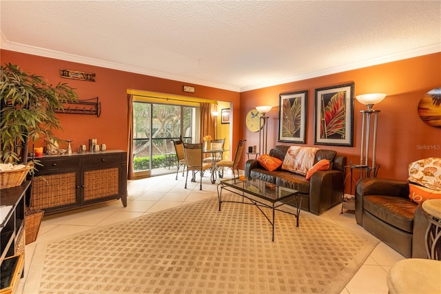 living room with ornamental molding, a textured ceiling, and tile floors