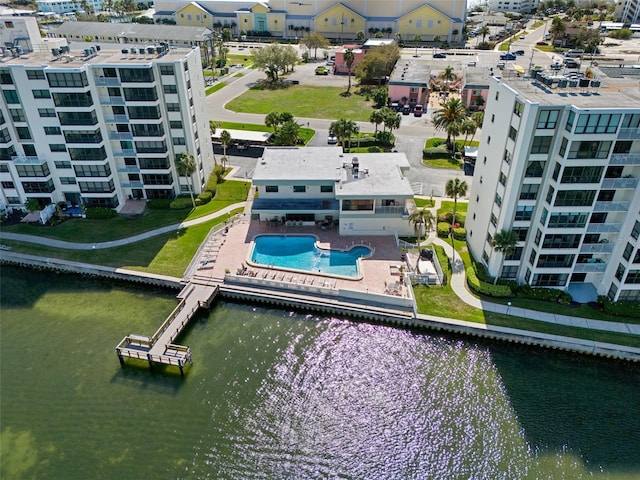 drone / aerial view featuring a water view