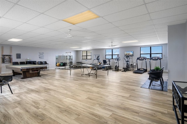 interior space with ceiling fan, light hardwood / wood-style flooring, and a drop ceiling