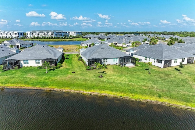 aerial view featuring a water view