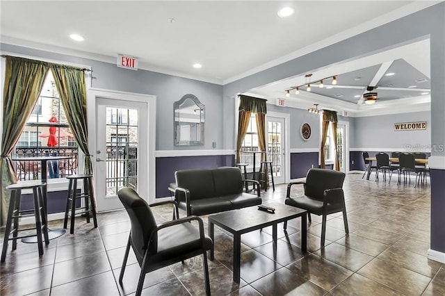 interior space featuring tile flooring and ornamental molding