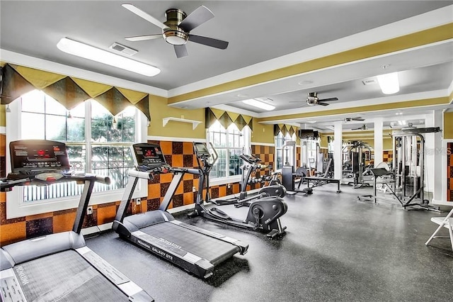 workout area featuring ceiling fan