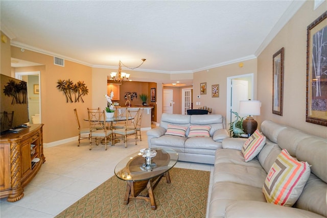 tiled living room with ornamental molding and a chandelier