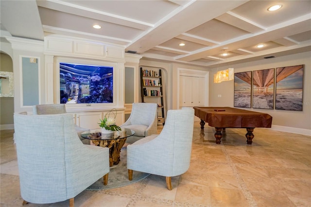 rec room with beamed ceiling, coffered ceiling, billiards, and light tile floors