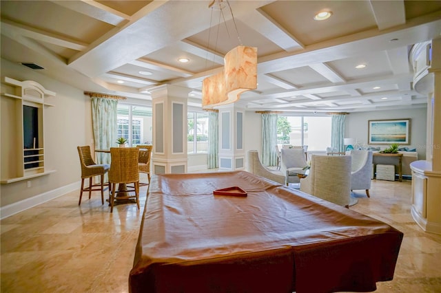 dining area featuring beam ceiling, tile flooring, coffered ceiling, and billiards