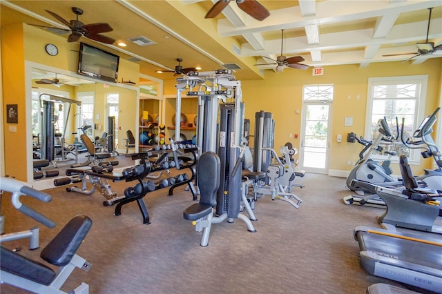 gym with coffered ceiling, ceiling fan, and carpet floors