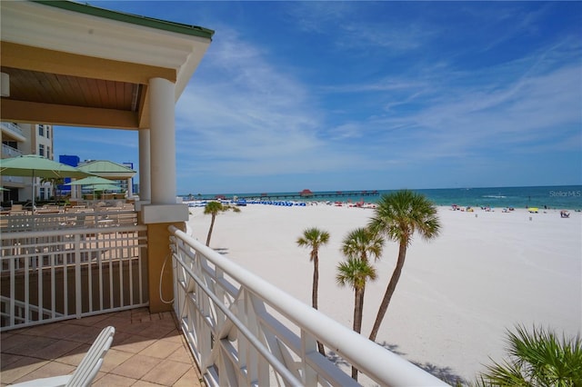 view of water feature with a beach view