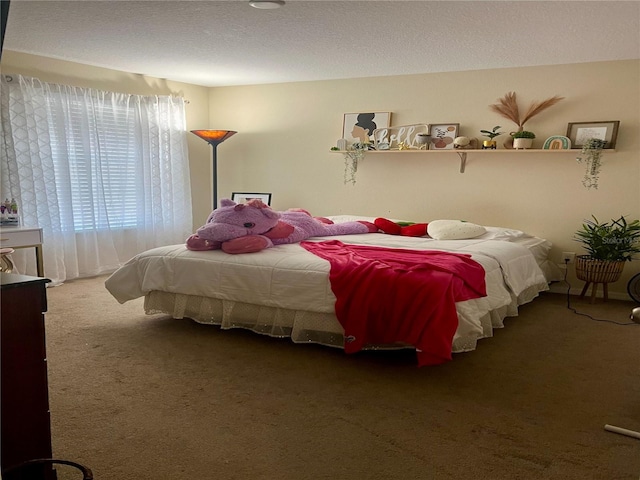 carpeted bedroom with a textured ceiling