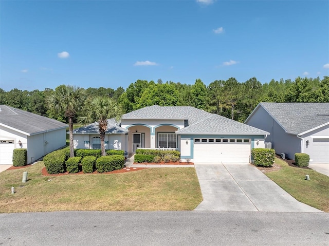 ranch-style house with a front yard and covered porch