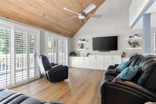 living room featuring high vaulted ceiling, wood ceiling, ceiling fan, and light wood finished floors