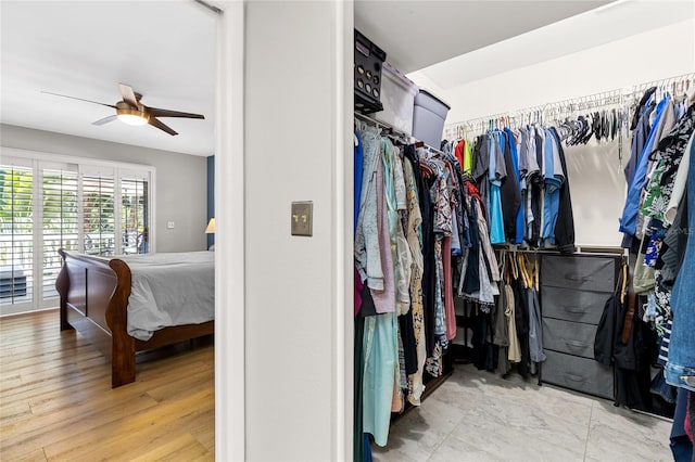 spacious closet featuring ceiling fan and wood finished floors