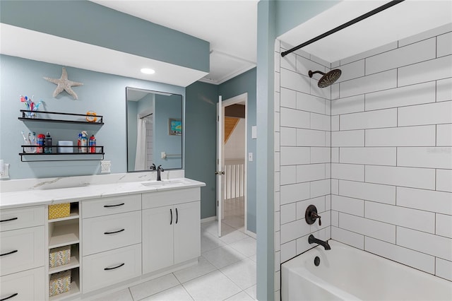 bathroom with  shower combination, vanity, and tile patterned floors