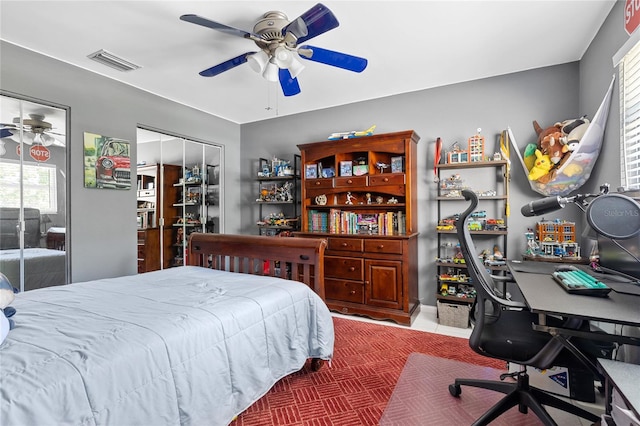 bedroom featuring visible vents and ceiling fan