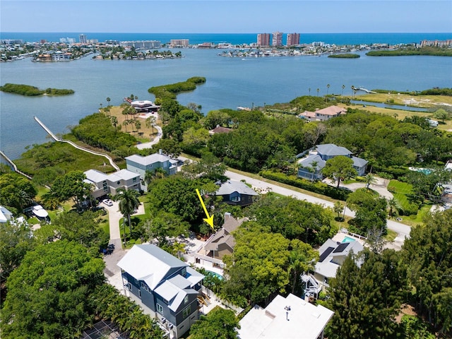 bird's eye view with a water view