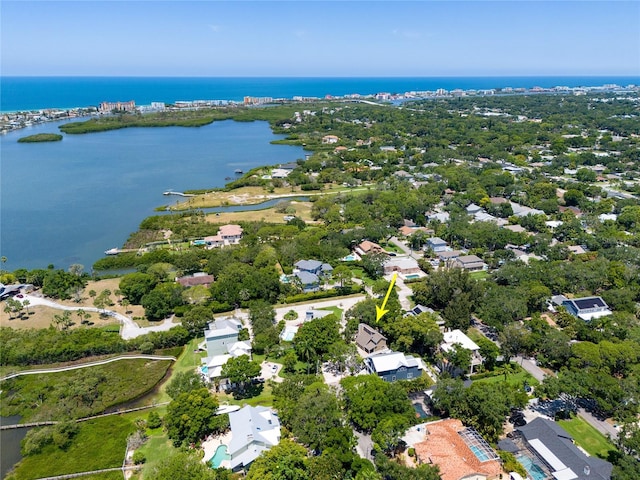 aerial view featuring a water view and a residential view