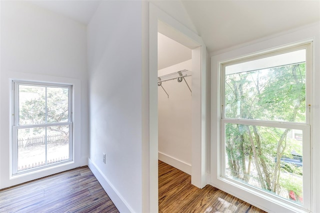 interior space featuring plenty of natural light, lofted ceiling, and hardwood / wood-style flooring