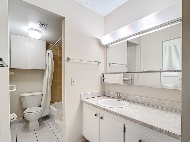 full bathroom with a textured ceiling, tile patterned floors, vanity, toilet, and shower / bath combo