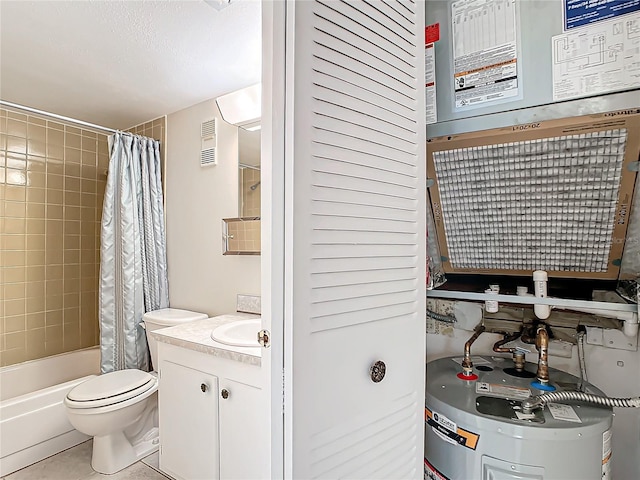 full bathroom with water heater, tile patterned flooring, vanity, toilet, and shower / tub combo with curtain