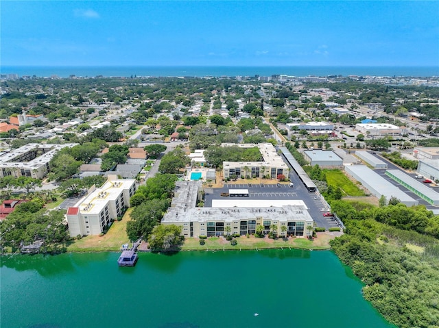 bird's eye view with a water view