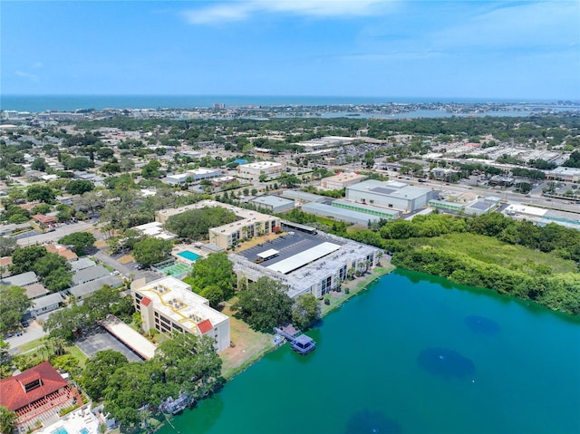 drone / aerial view with a water view