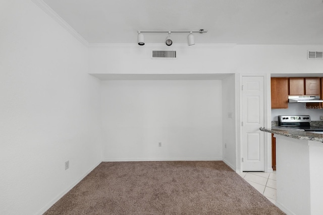 interior space with ornamental molding, light colored carpet, and track lighting