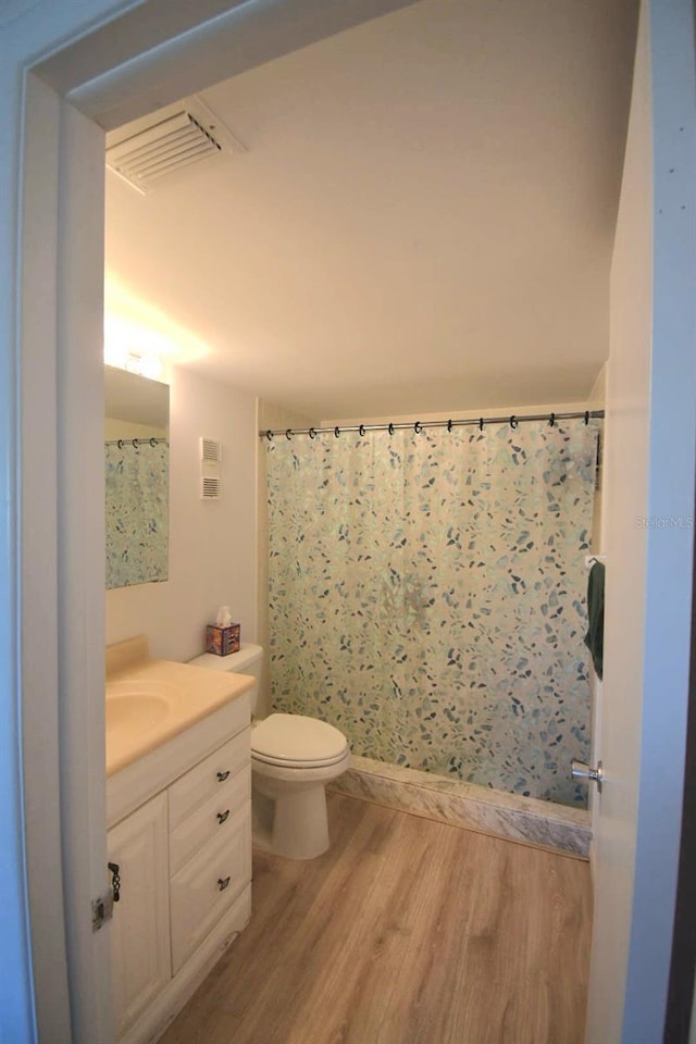 bathroom with wood-type flooring, vanity, and toilet