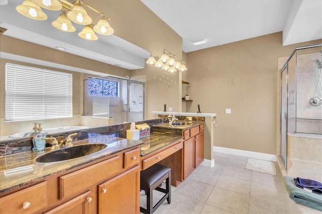 bathroom featuring dual bowl vanity, tile flooring, and shower with separate bathtub