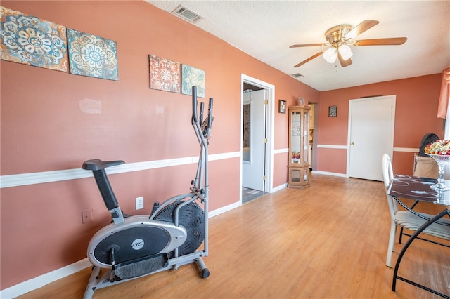 exercise area featuring ceiling fan and light hardwood / wood-style floors