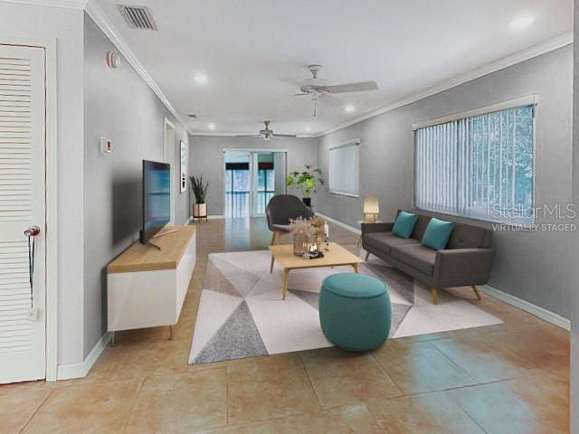 tiled living area with crown molding, visible vents, and baseboards