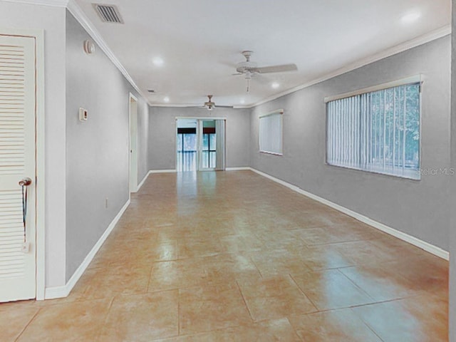 unfurnished room featuring recessed lighting, a ceiling fan, visible vents, baseboards, and ornamental molding