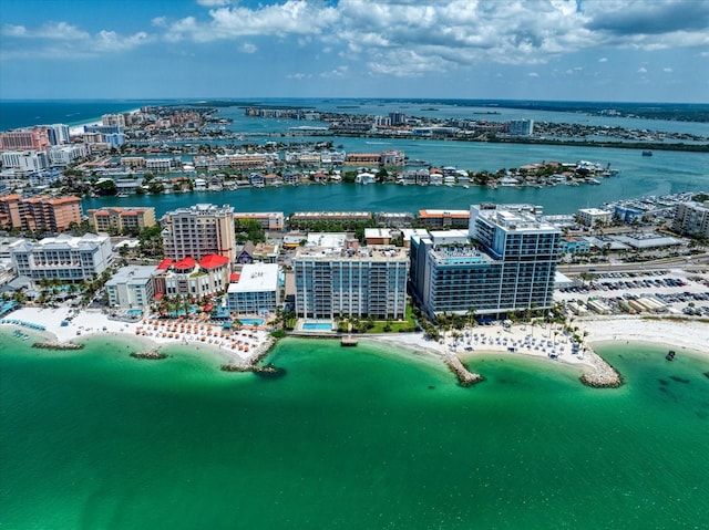 aerial view featuring a beach view and a water view