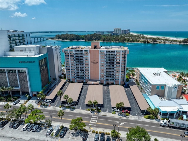 drone / aerial view with a water view