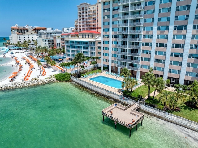 view of pool featuring a water view