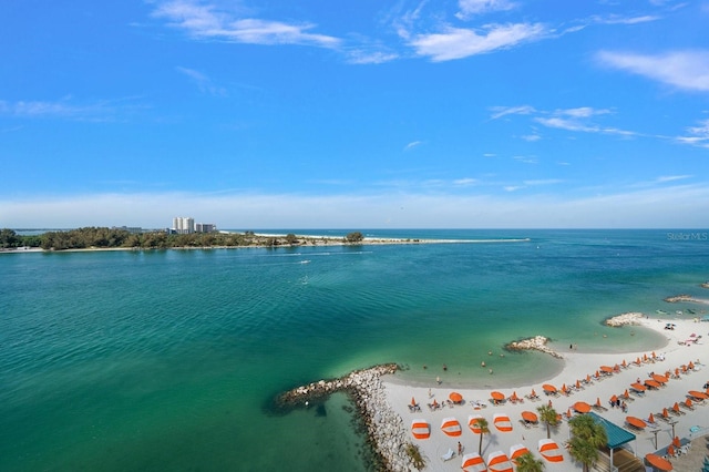 property view of water featuring a beach view