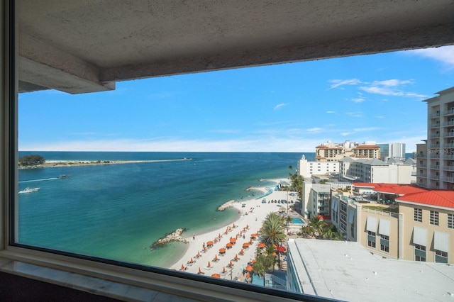 view of water feature with a beach view