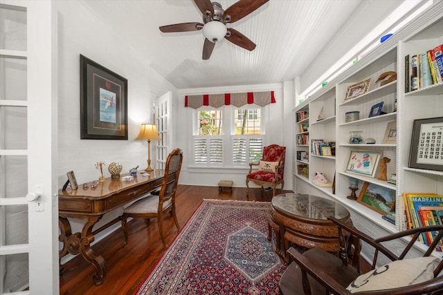 office space with wood-type flooring and ceiling fan